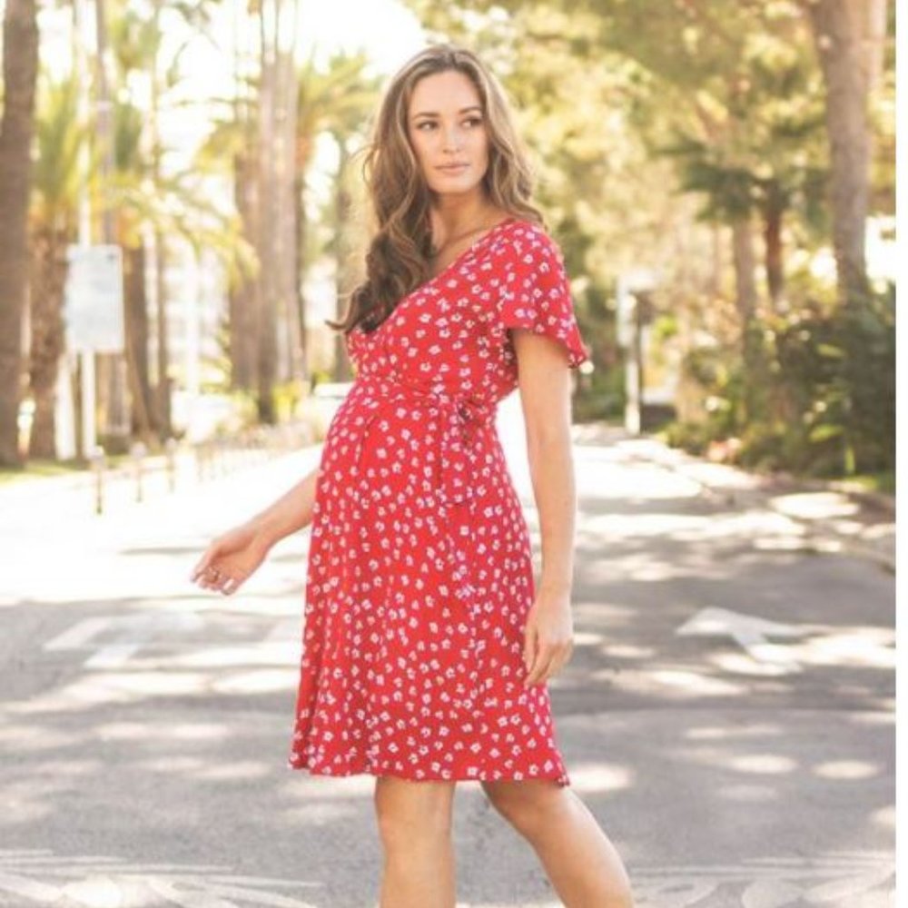 Seraphine red floral wrap maternity dress